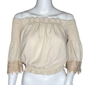 Revamped Shirt Womens XS Beige Bell Sleeve Lace Off The Shoulder Crop Neutral‎